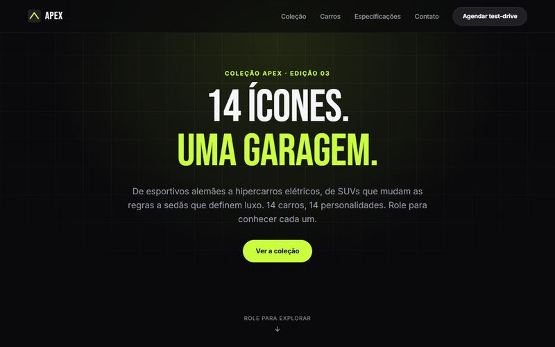 Página inicial do site Apex com o título 14 ícones, uma garagem