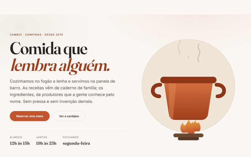 Página inicial do site do restaurante Barro, com panela de barro ilustrada