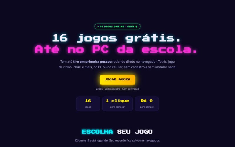 Página inicial do Fliperama Neon com o título 16 jogos grátis