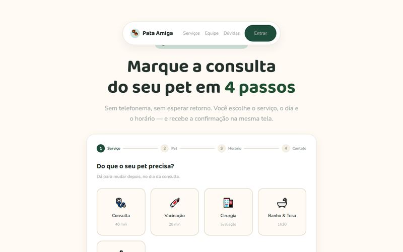 Página inicial da clínica veterinária Pata Amiga com o agendamento de consulta