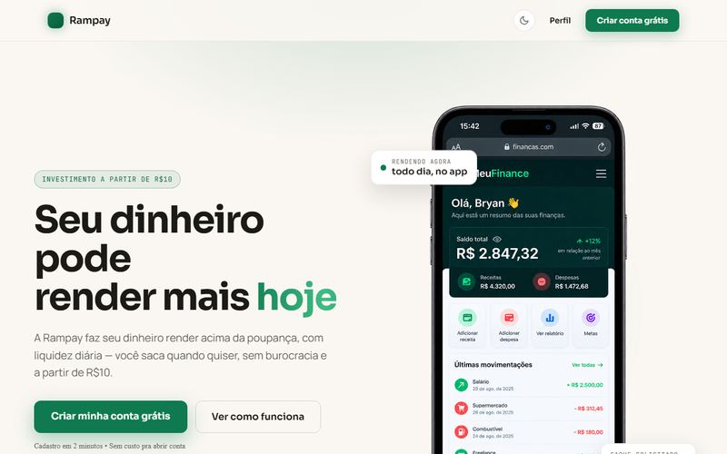 Landing page da Rampay com um celular mostrando o aplicativo